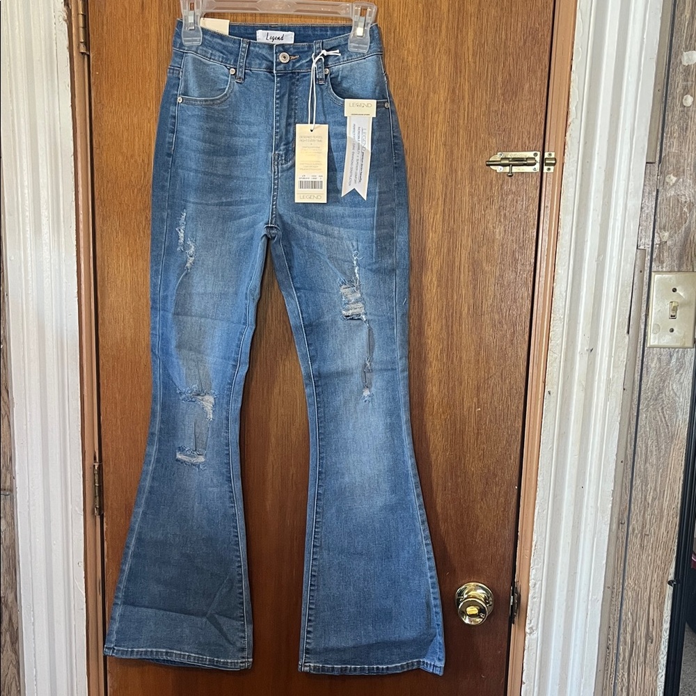 Liverpool Los Angeles High-Rise Distressed Flare Jeans - Medium Blue